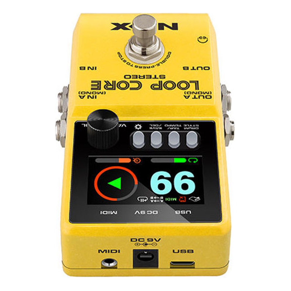 Phơ Looper NUX Loop Core Stereo NCL-2 – NUX Loop Core Stereo nhìn từ đầu pedal có cổng MIDI, DC 9V, USB