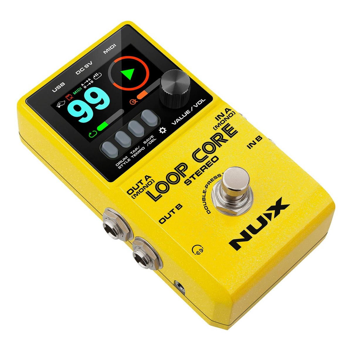 Phơ Looper NUX Loop Core Stereo NCL-2 – Góc nghiêng trái NUX Loop Core Stereo thấy jack OUT A (MONO), OUT B