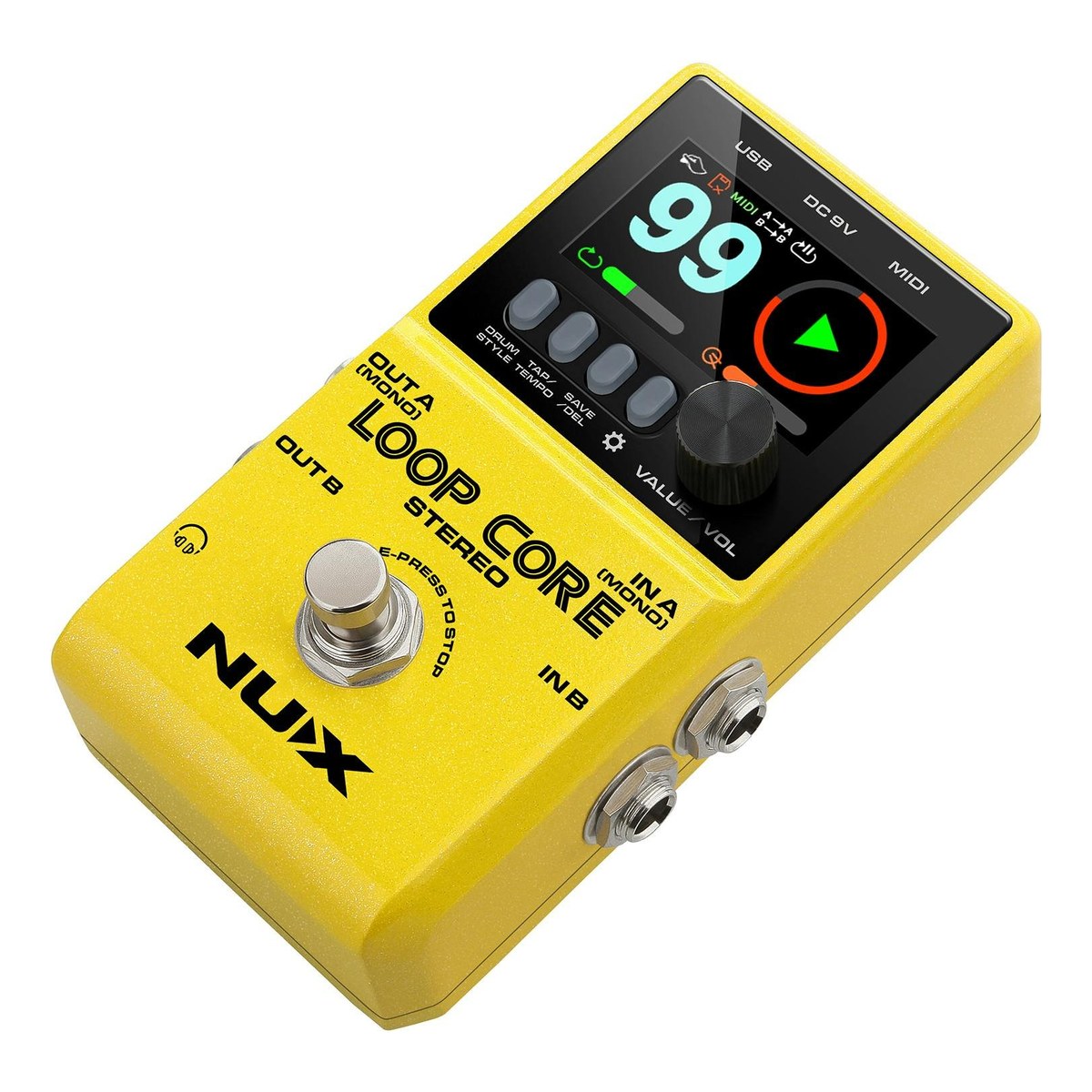 Phơ Looper NUX Loop Core Stereo NCL-2 – Góc nghiêng phải NUX Loop Core Stereo thấy jack IN A (MONO), IN B