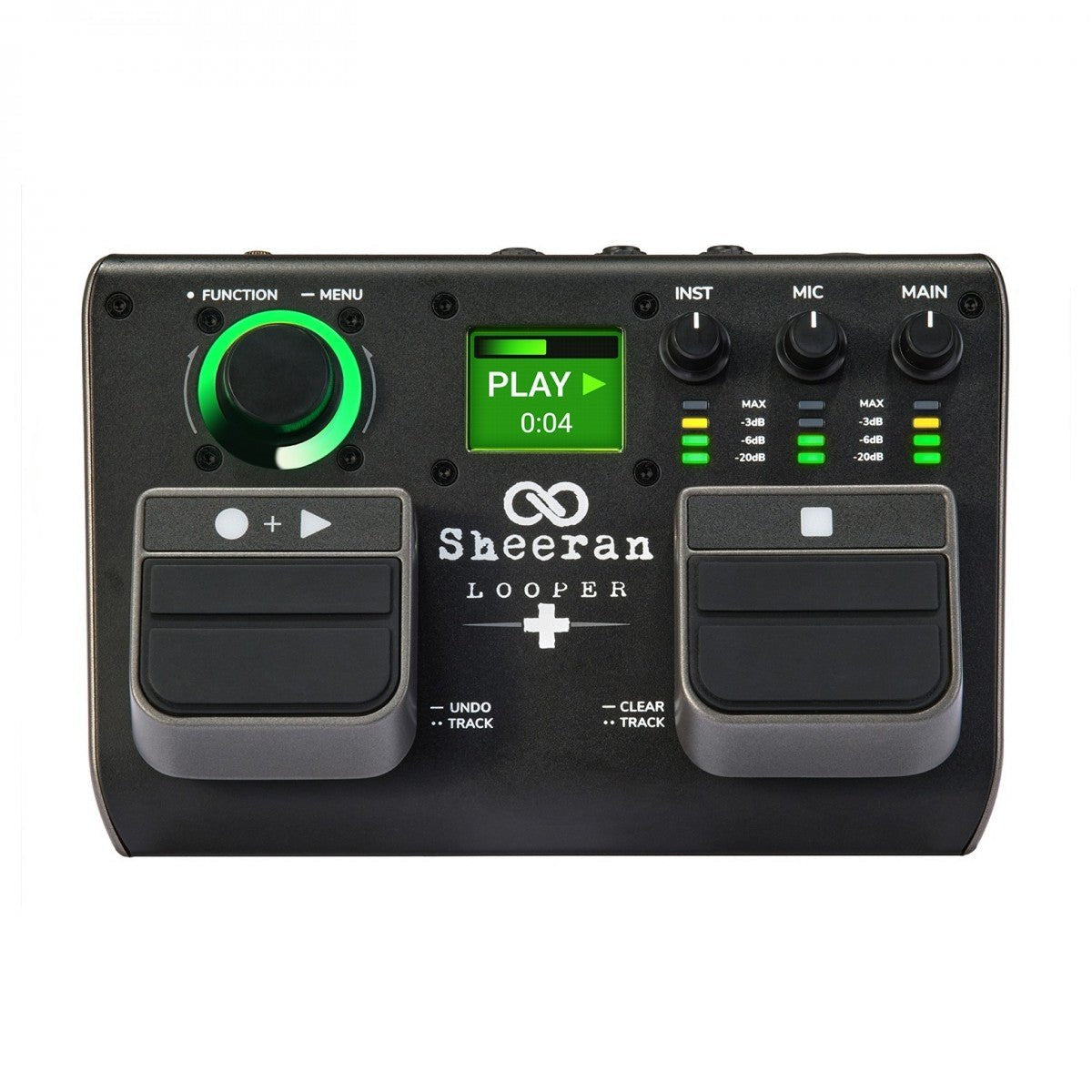 Phơ Looper Sheeran Looper+ – mặt trên với màn hình, vòng xoay điều hướng và núm INST, MIC, MAIN