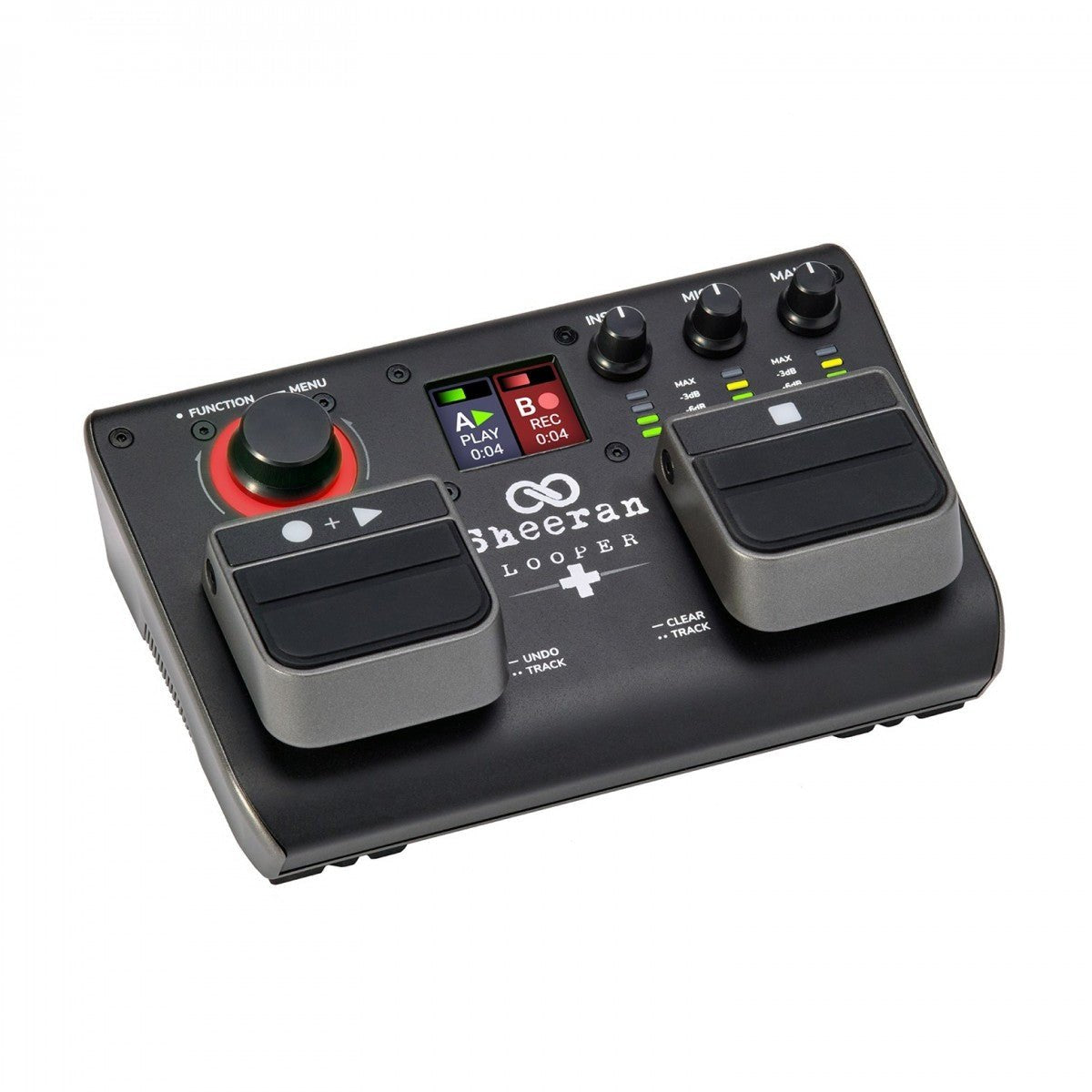 Phơ Looper Sheeran Looper+ – góc nghiêng 3/4, màn hình hiển thị 2 track A/B và 2 bàn đạp