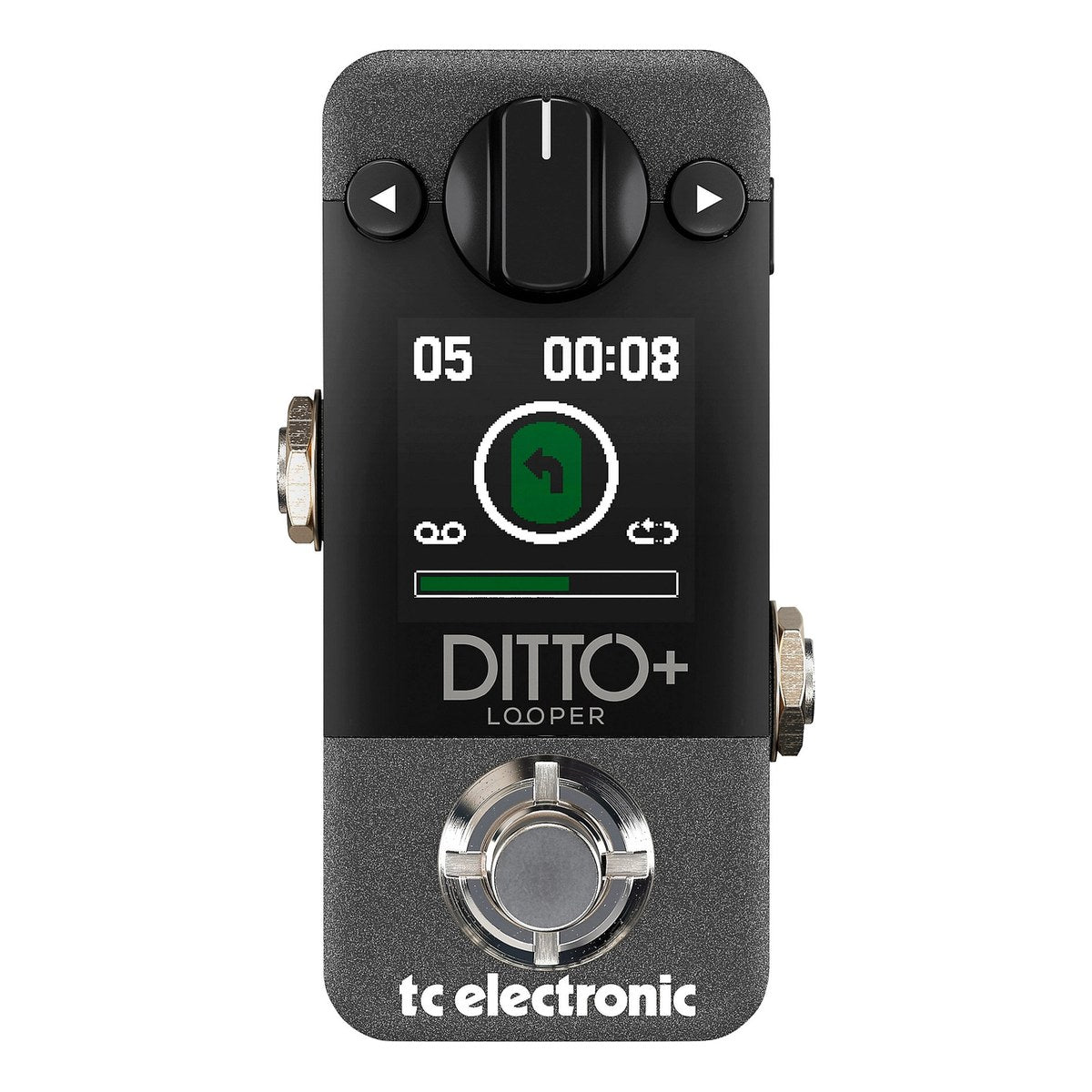 TC Electronic Ditto+ Looper nhìn chính diện mặt trên: núm LOOP LEVEL, hai nút chọn khe nhớ, màn hình màu và footswitch