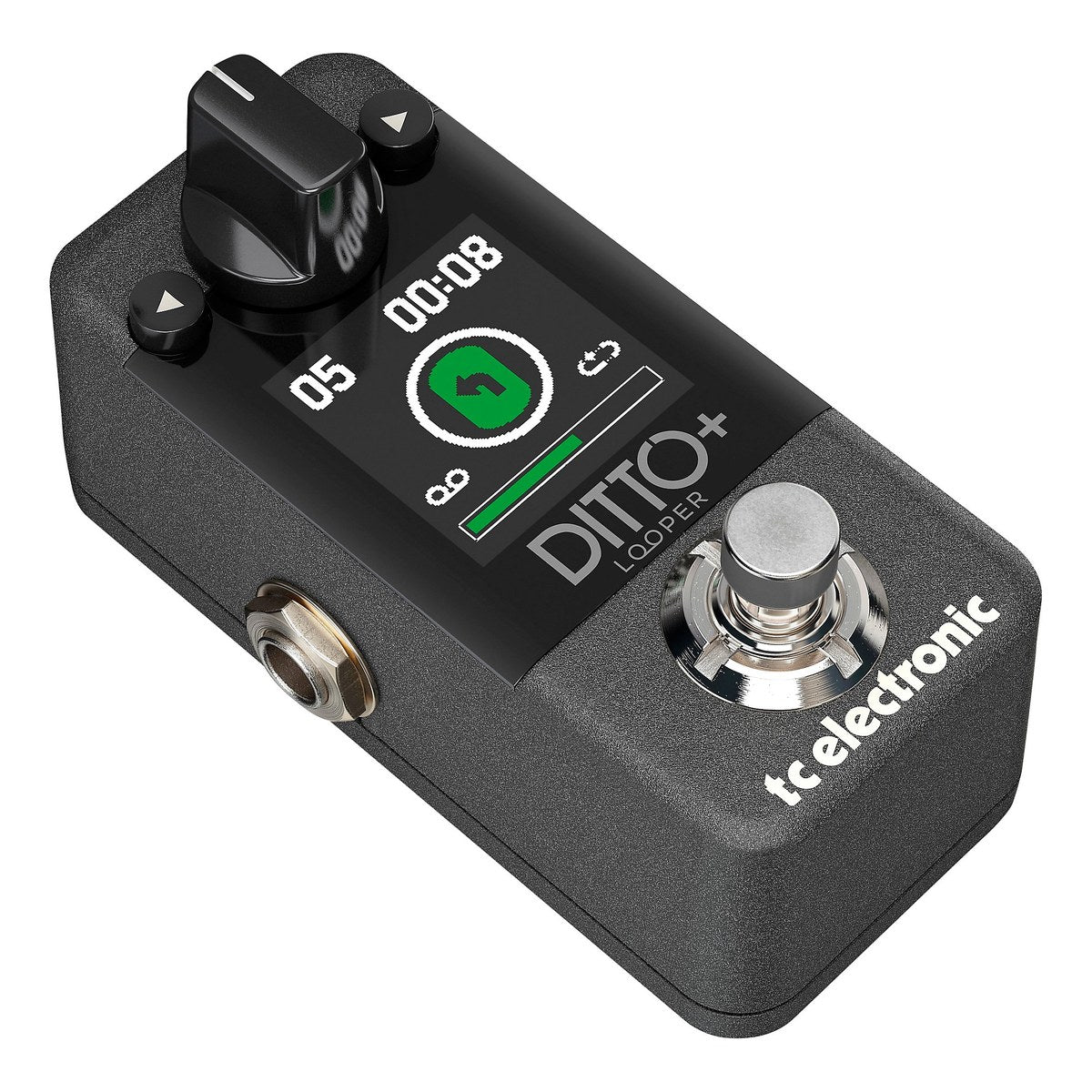 TC Electronic Ditto+ Looper nhìn nghiêng từ bên trái, thấy màn hình màu và jack output
