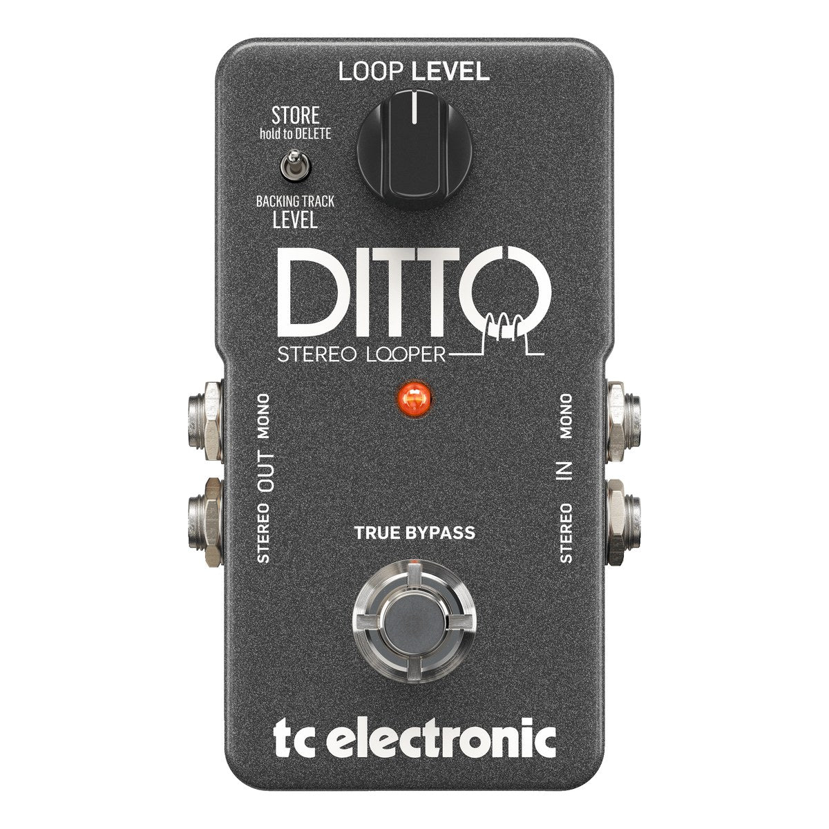 TC Electronic Ditto Stereo Looper nhìn chính diện, núm LOOP LEVEL, công tắc STORE và jack IN/OUT hai bên