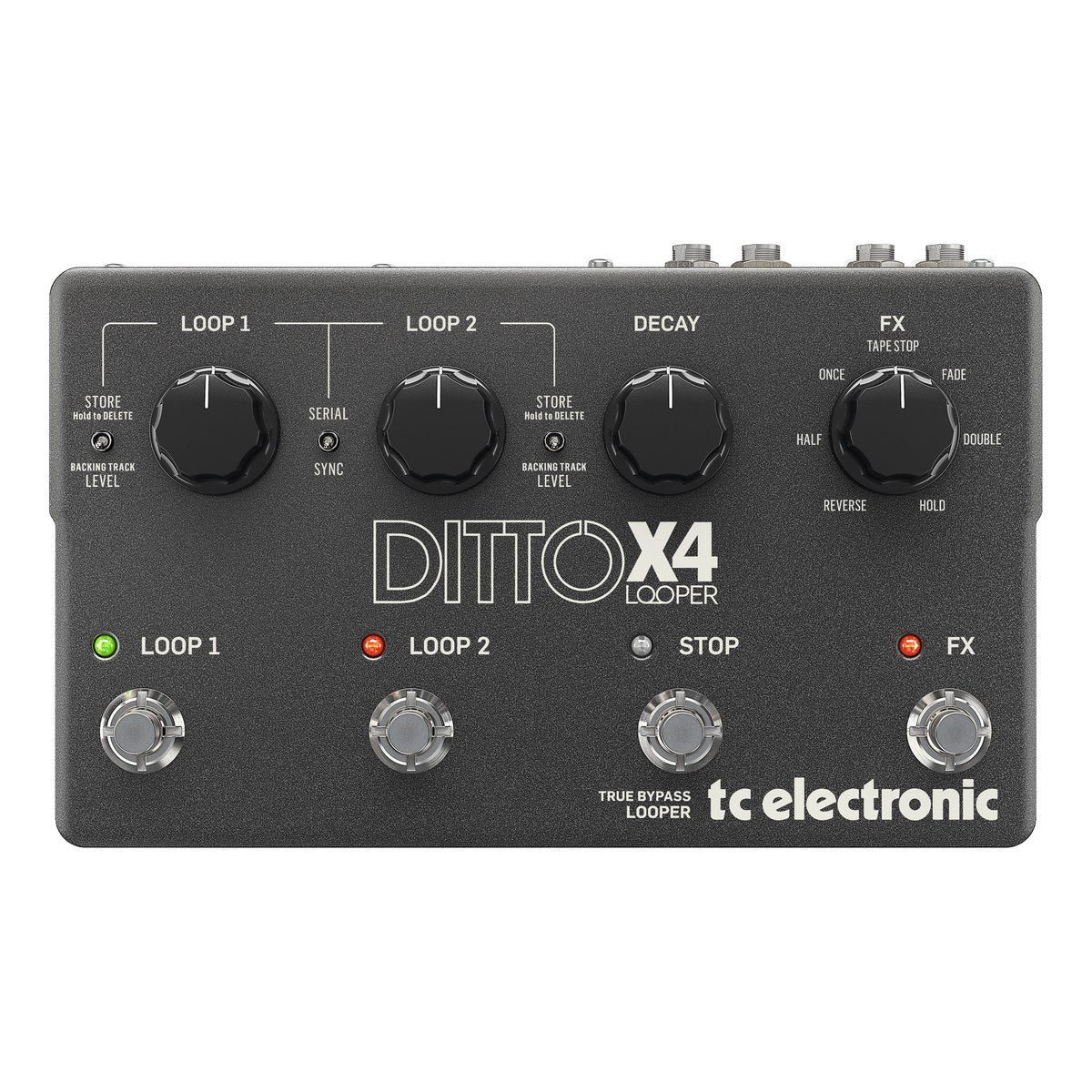 TC Electronic Ditto X4 nhìn chính diện: bốn núm LOOP 1, LOOP 2, DECAY, FX và bốn footswitch LOOP 1, LOOP 2, STOP, FX