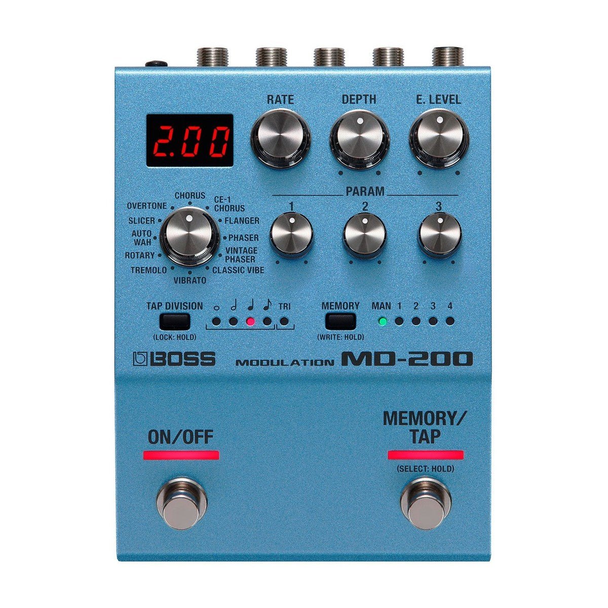 Phơ Modulation BOSS MD-200 – mặt trên với màn hình LED, núm chọn 12 chế độ và 2 công tắc chân