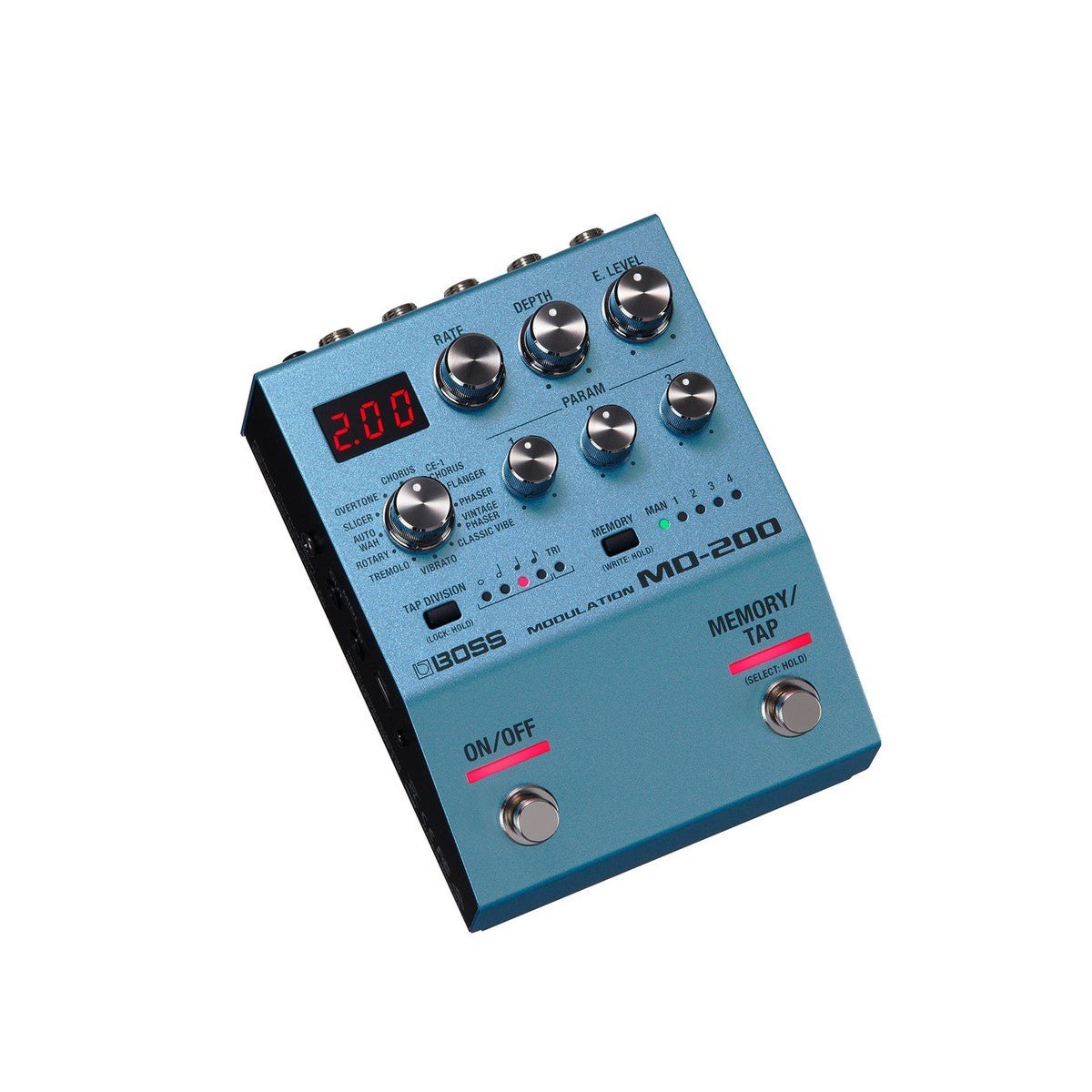 Phơ Modulation BOSS MD-200 – góc nghiêng 3/4 thấy núm RATE, DEPTH, E.LEVEL và 3 núm PARAM