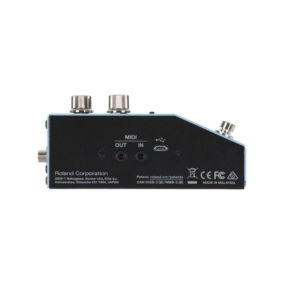 Phơ Modulation BOSS MD-200 – cạnh trái với cổng MIDI IN/OUT dạng mini jack và cổng USB