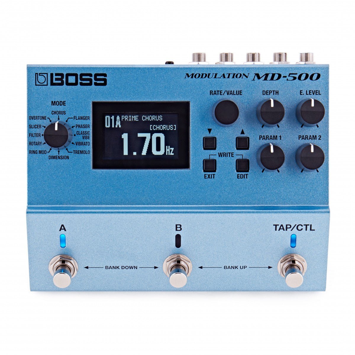 Phơ Modulation BOSS MD-500 – mặt trên với màn hình LCD, 6 núm và 3 công tắc A, B, TAP/CTL