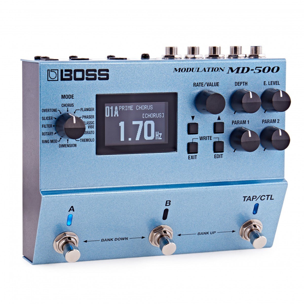Phơ Modulation BOSS MD-500 – góc nghiêng trái phía trước, rõ núm MODE 12 kiểu điều chế