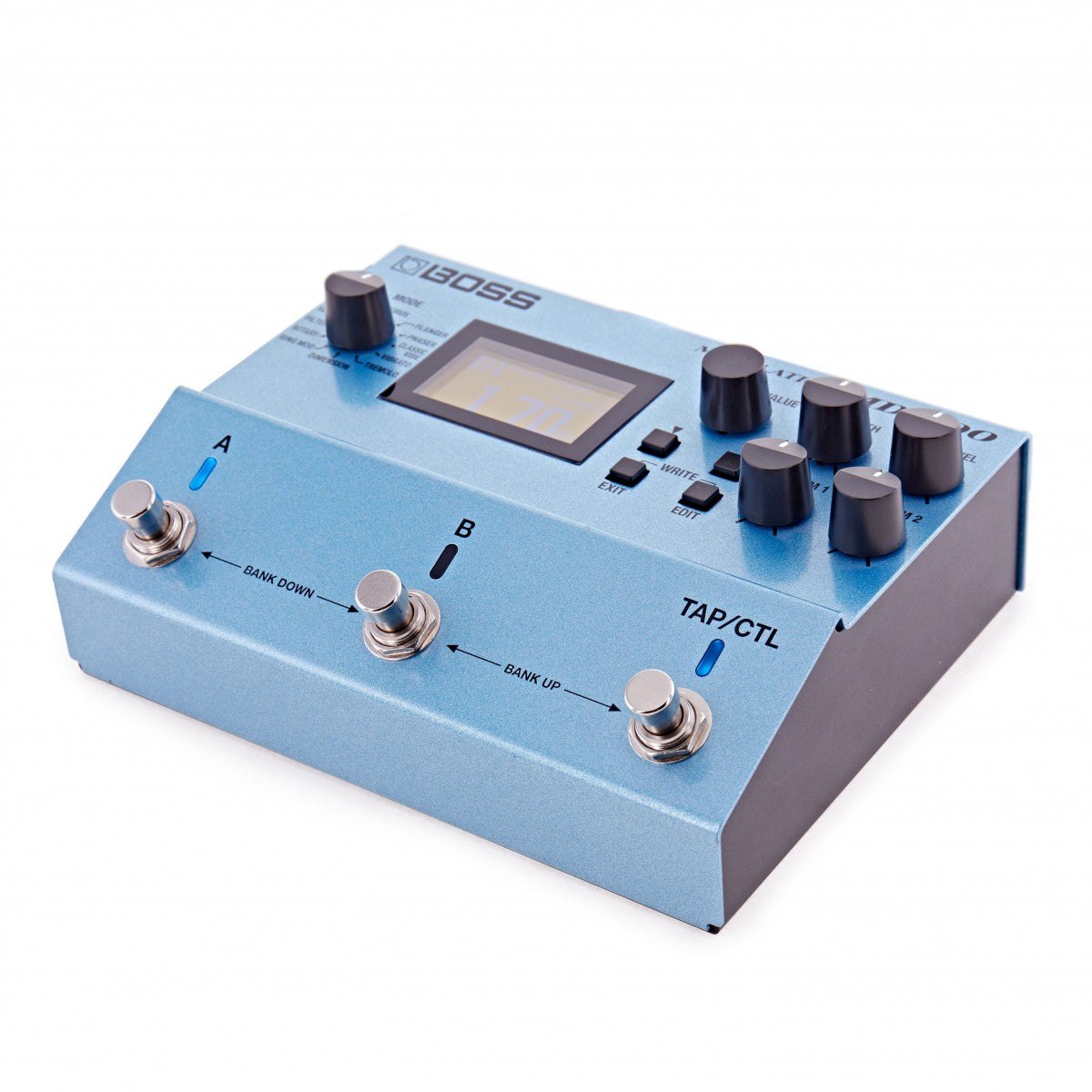 Phơ Modulation BOSS MD-500 – nhìn chéo từ bên phải, thấy cạnh phải và màn hình