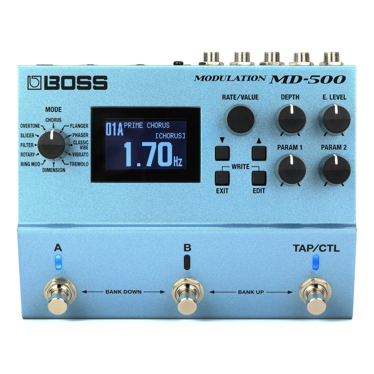 BOSS MD-500 nhìn chính diện: màn LCD, núm MODE, RATE/VALUE, DEPTH, E.LEVEL, PARAM 1/2 và 3 footswitch