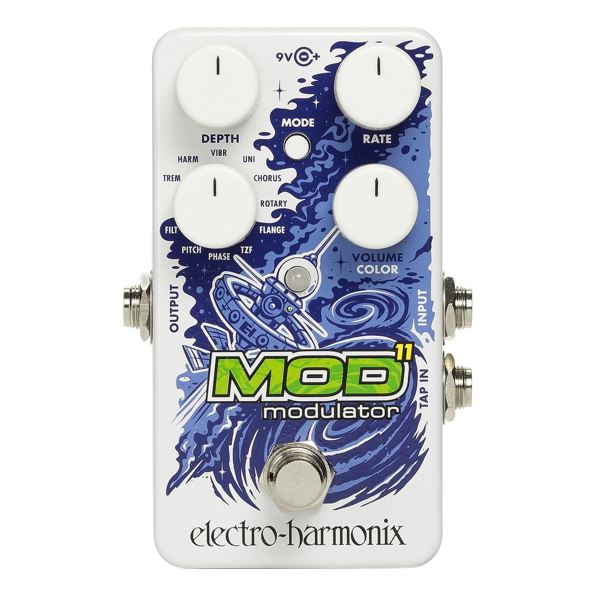 Chính diện Electro-Harmonix MOD 11 với 4 núm DEPTH, RATE, VOLUME/COLOR, núm chọn 11 hiệu ứng và nút MODE