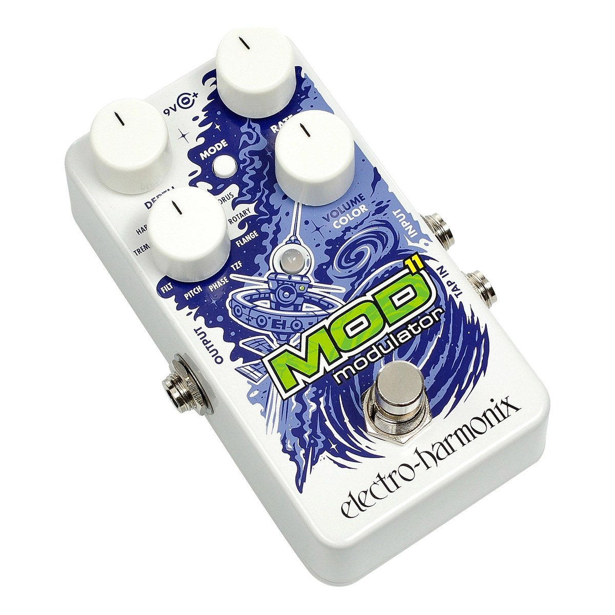 Electro-Harmonix MOD 11 nhìn chéo từ bên trái, thấy jack OUTPUT