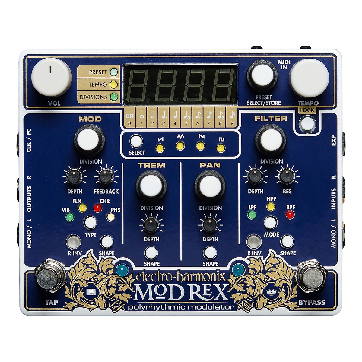 Phơ Modulation Electro-Harmonix Mod Rex Polyrhythmic Modulator – mặt trên Mod Rex nền trắng với màn hình số và 4 phần MOD, TREM, PAN, FILTER
