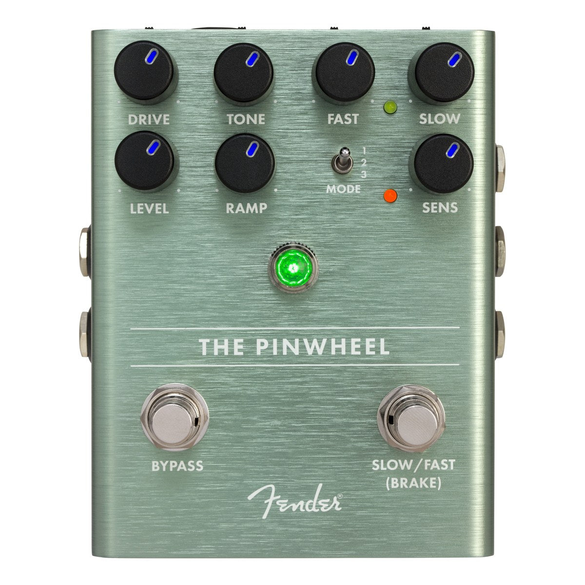 Phơ Modulation Fender The Pinwheel Rotary Speaker Emulator – mặt trên The Pinwheel với núm Drive, Tone, Fast, Slow, Level, Ramp, Sens, công tắc Mode và footswitch Bypass, Slow/Fast (Brake)