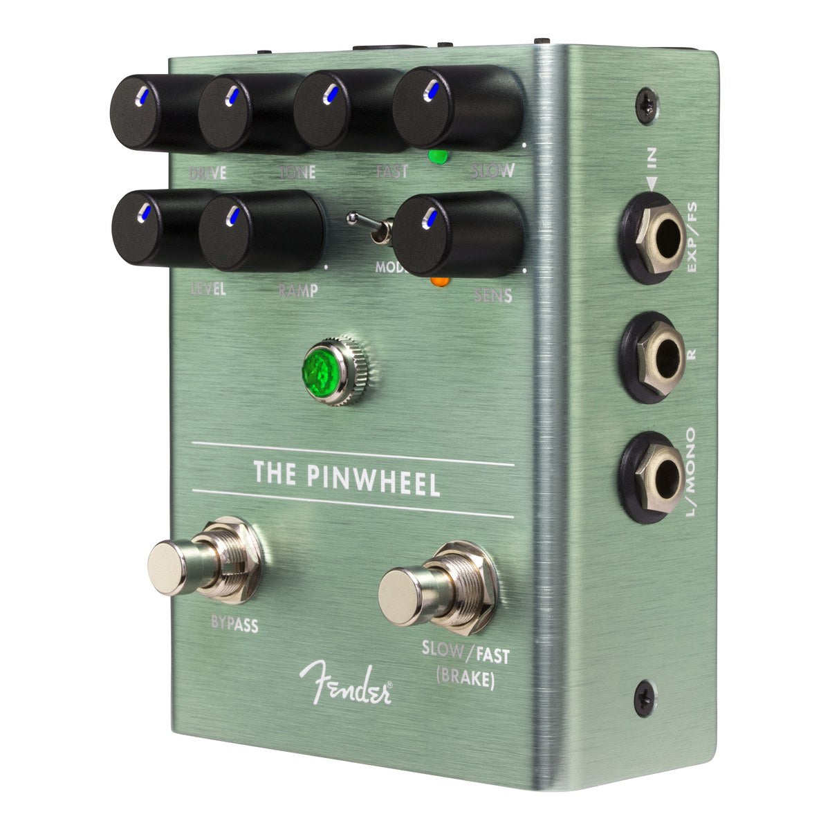 Phơ Modulation Fender The Pinwheel Rotary Speaker Emulator – góc nghiêng thấy cổng EXP/FS và 2 jack input stereo bên phải
