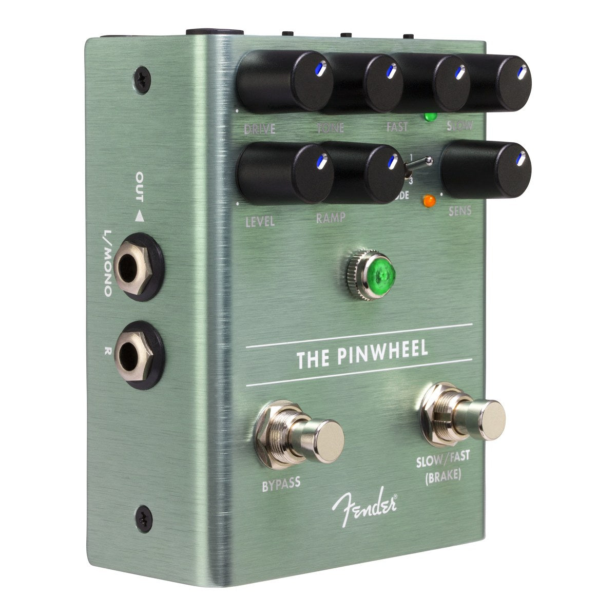 Phơ Modulation Fender The Pinwheel Rotary Speaker Emulator – góc nghiêng thấy 2 jack output stereo bên trái