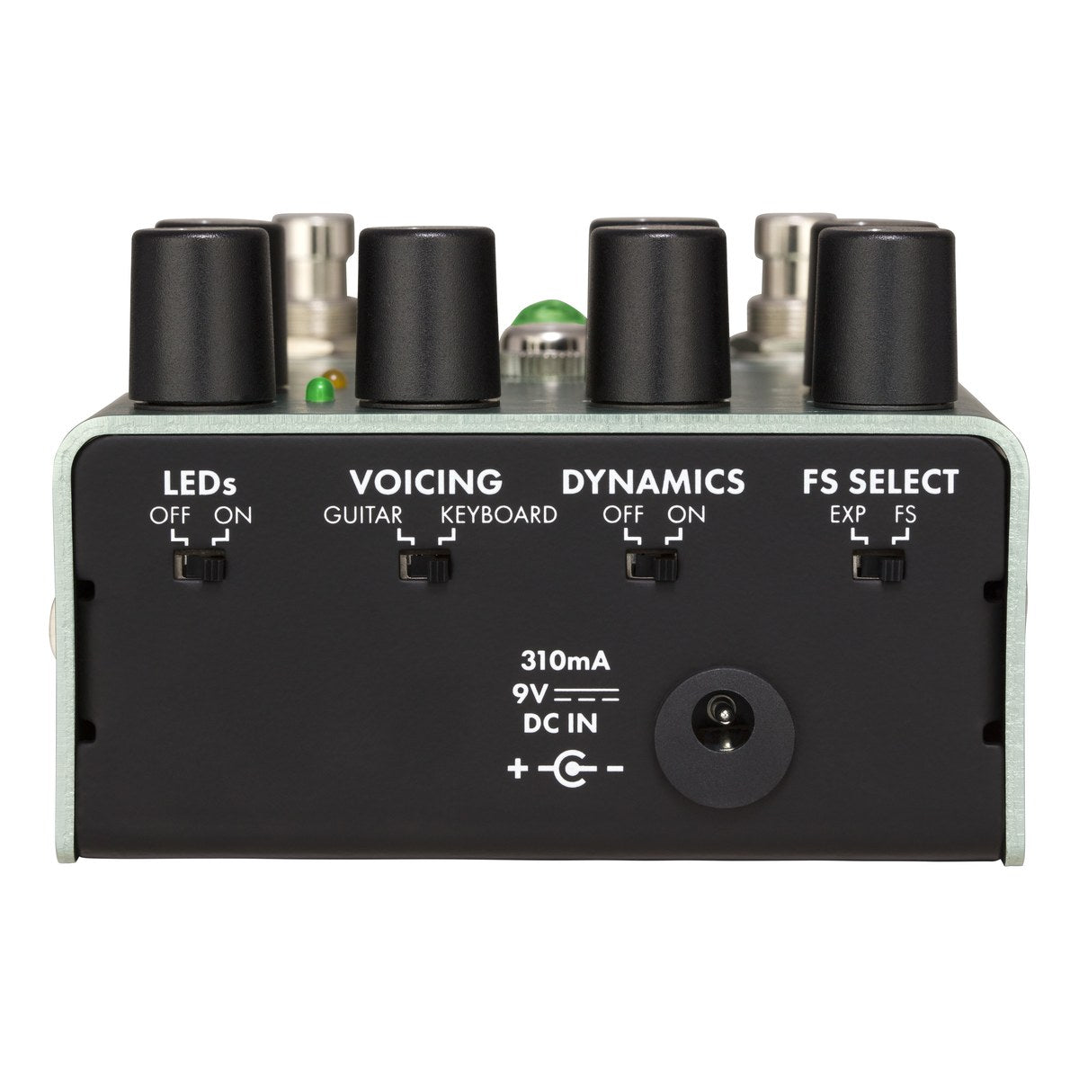 Phơ Modulation Fender The Pinwheel Rotary Speaker Emulator – đầu pedal với jack nguồn 9V DC và các công tắc LEDs, Voicing, Dynamics, FS Select