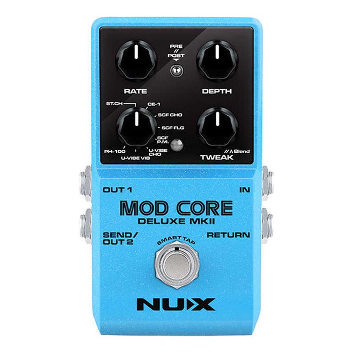 Phơ Modulation NUX Mod Core Deluxe MKII – Mặt trên NUX Mod Core Deluxe MKII với núm RATE, DEPTH, TWEAK, núm chọn kiểu modulation và công tắc PRE / // / POST