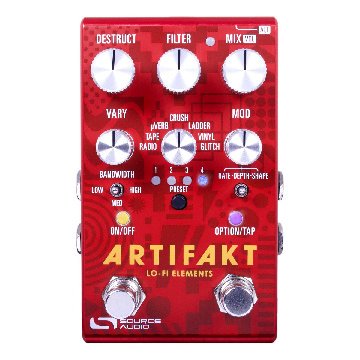 Source Audio Artifakt Lo-fi Elements chính diện: núm DESTRUCT, FILTER, MIX, VARY, MOD, núm chọn 7 engine và 2 footswitch