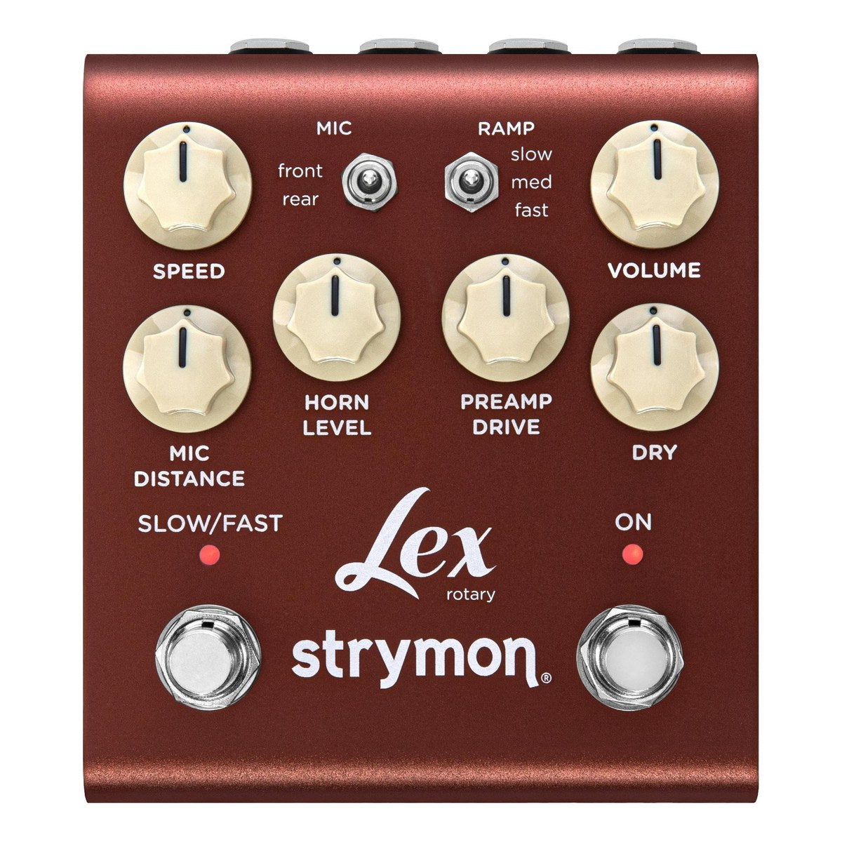 Chính diện Strymon Lex V2: núm SPEED, VOLUME, MIC DISTANCE, HORN LEVEL, PREAMP DRIVE, DRY, công tắc MIC và RAMP, footswitch SLOW/FAST và ON