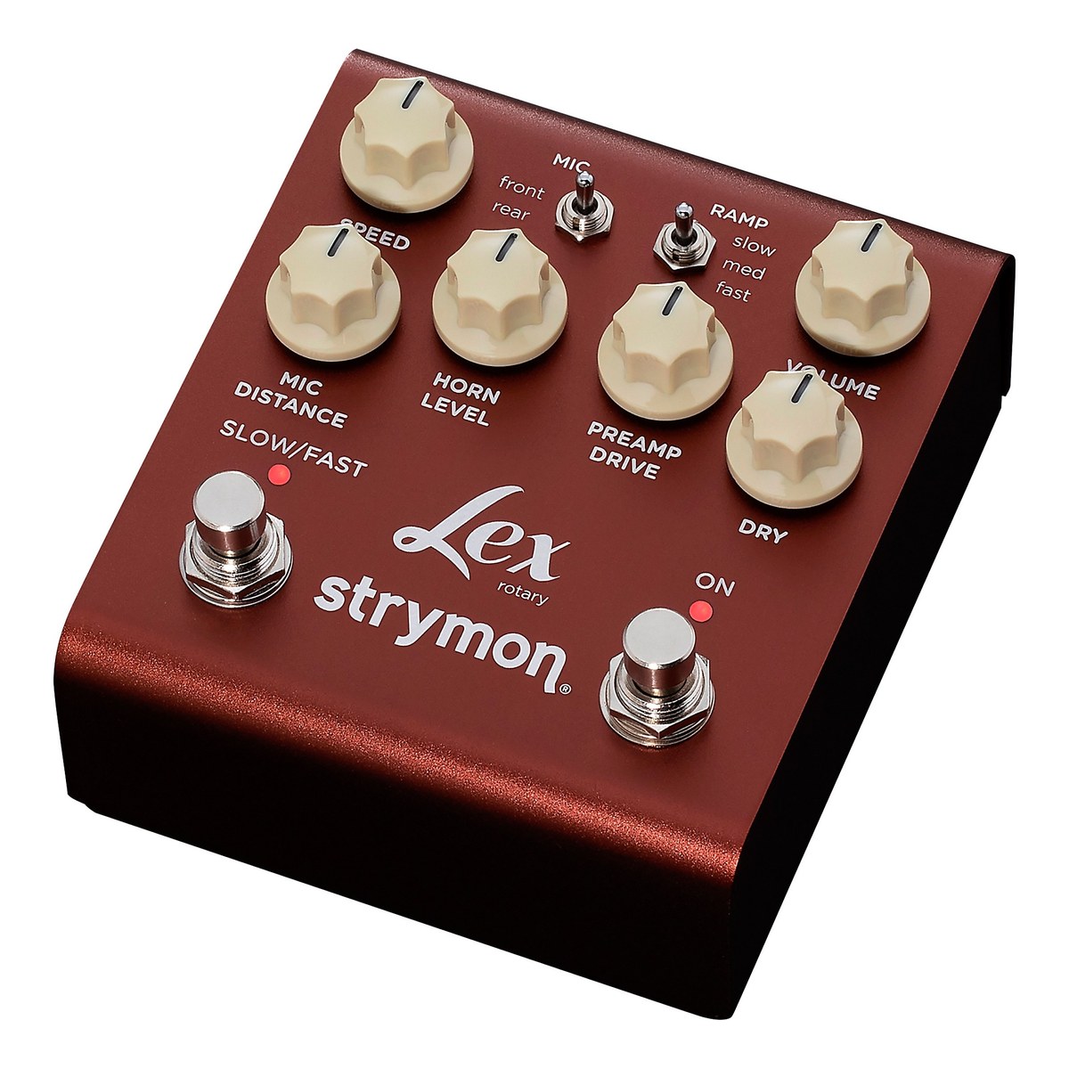 Strymon Lex V2 chụp nghiêng trái, vỏ nhôm anod nâu đỏ