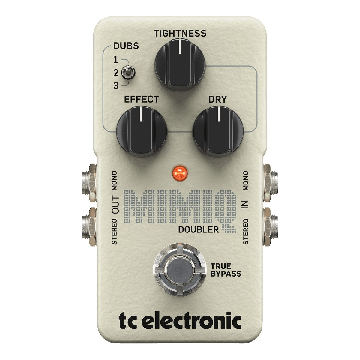 TC Electronic Mimiq Doubler nhìn chính diện mặt trên: công tắc DUBS 1-2-3, ba núm TIGHTNESS, EFFECT, DRY và footswitch true bypass