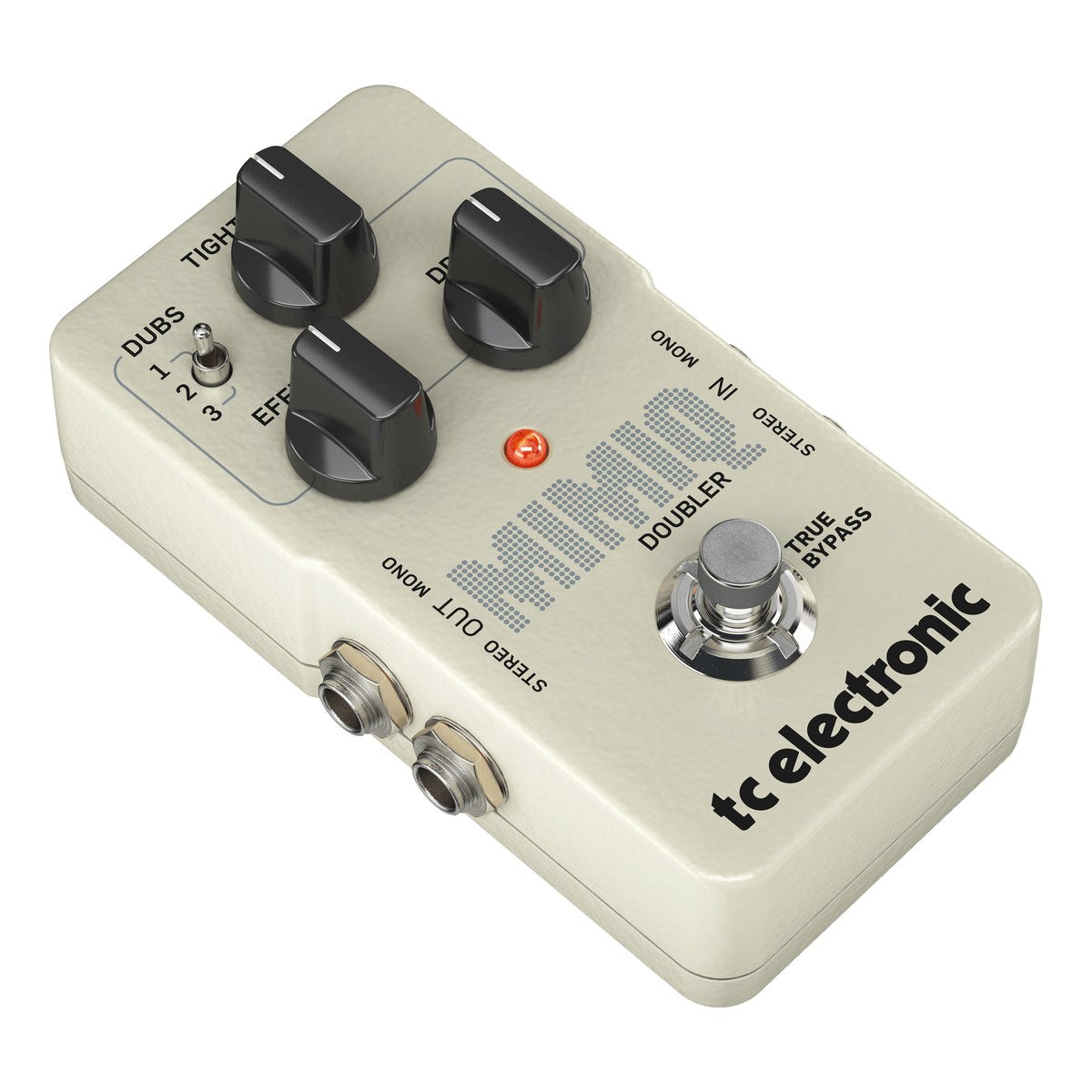 TC Electronic Mimiq Doubler nhìn nghiêng từ bên trái, thấy hai jack OUT MONO và OUT STEREO