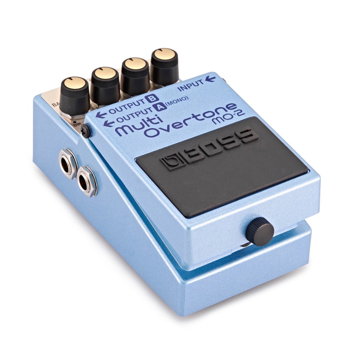 Phơ Multi Overtone BOSS MO-2 – nhìn nghiêng bên trái, thấy cổng OUTPUT A/B và vỏ màu xanh nhạt