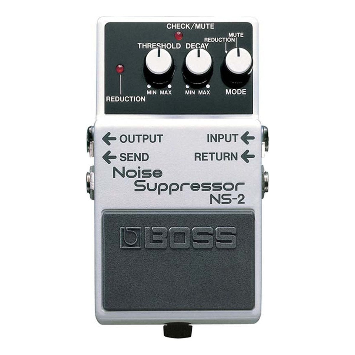 Phơ Noise Gate BOSS NS-2 Noise Suppressor – mặt trên Boss NS-2 với núm THRESHOLD, DECAY, MODE và đèn REDUCTION