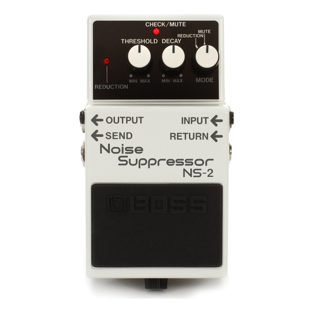 Chính diện BOSS NS-2 Noise Suppressor với núm THRESHOLD, DECAY, MODE và hai đèn báo