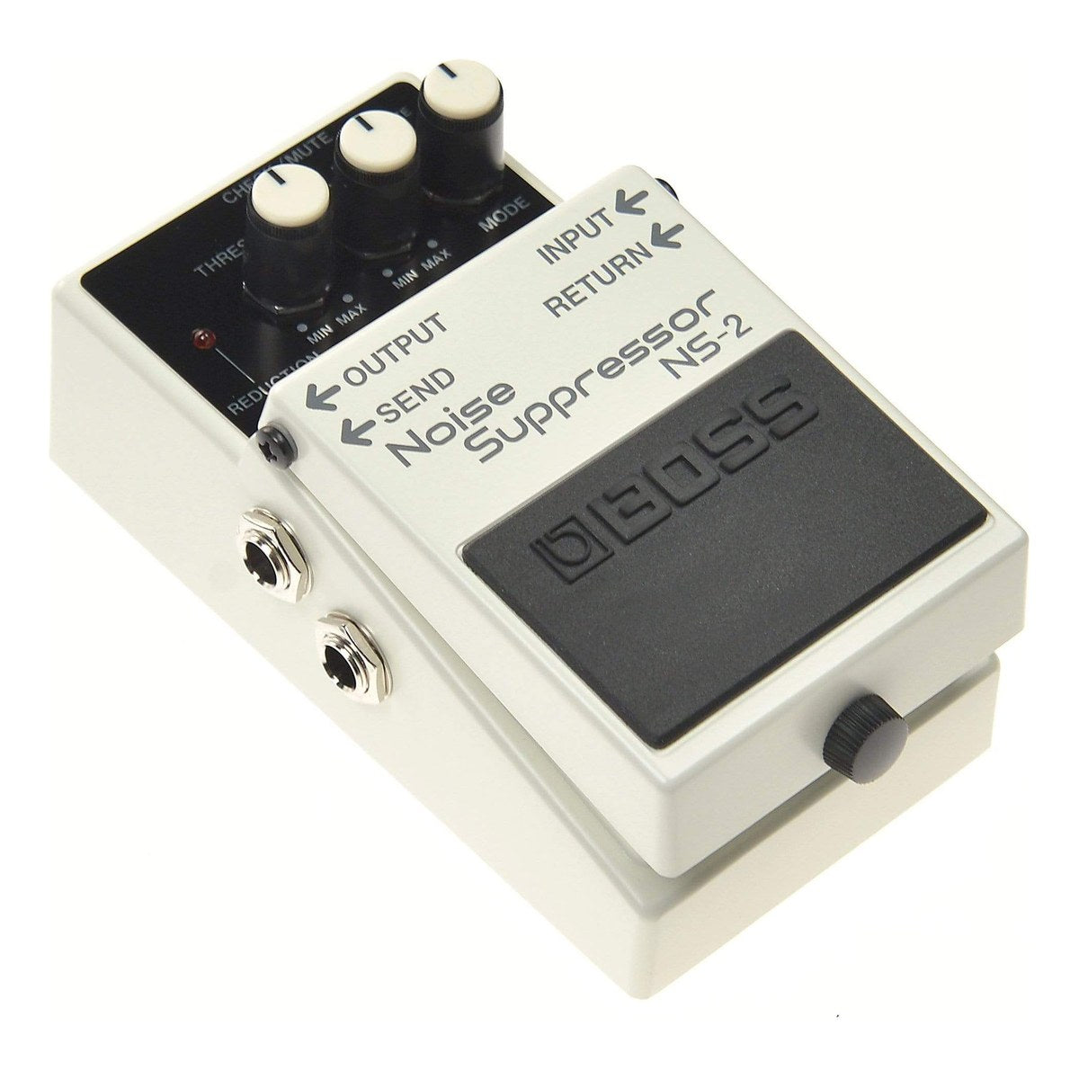 BOSS NS-2 nhìn chéo bên trái, thấy hai jack OUTPUT và SEND
