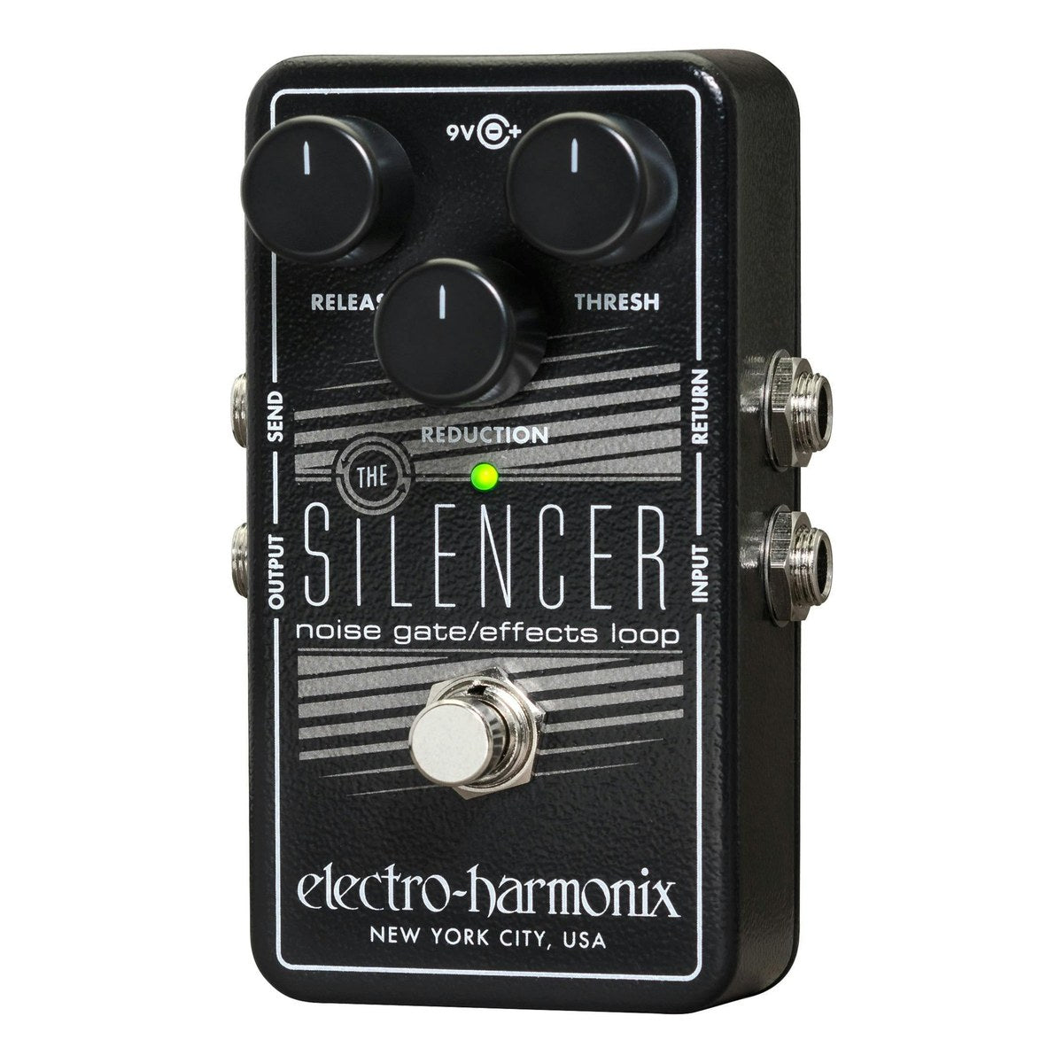 Electro-Harmonix The Silencer nhìn chính diện hơi nghiêng, 3 núm RELEASE, THRESH, REDUCTION và jack RETURN, INPUT