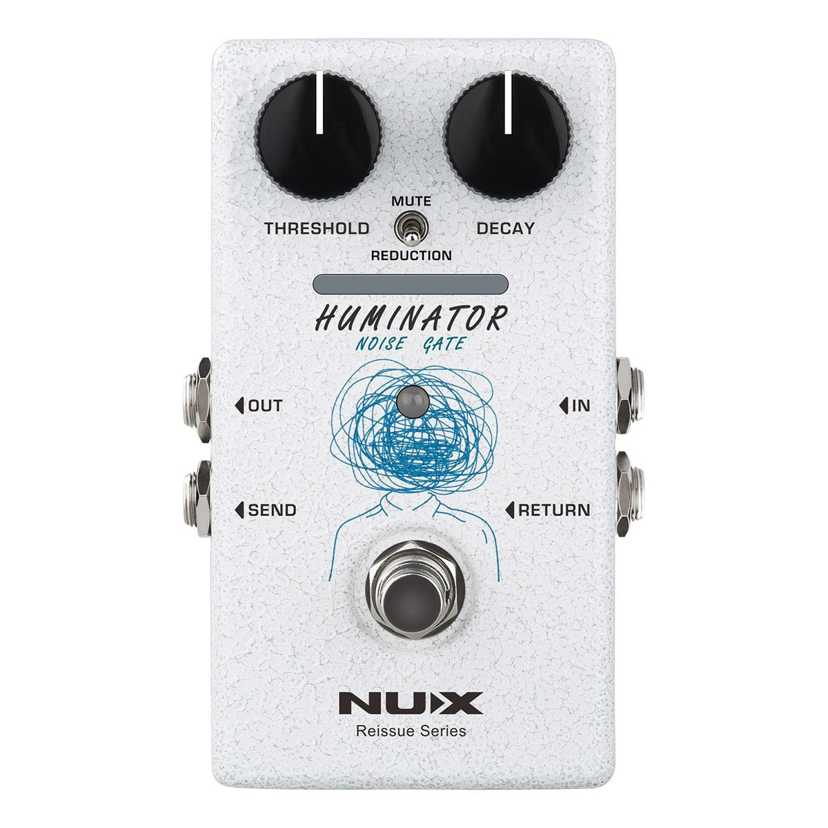Phơ Noise Gate NUX HUMINATOR NRN-1 – Mặt trên NUX HUMINATOR NRN-1 với núm THRESHOLD, DECAY, công tắc REDUCTION/MUTE và dải đèn LED