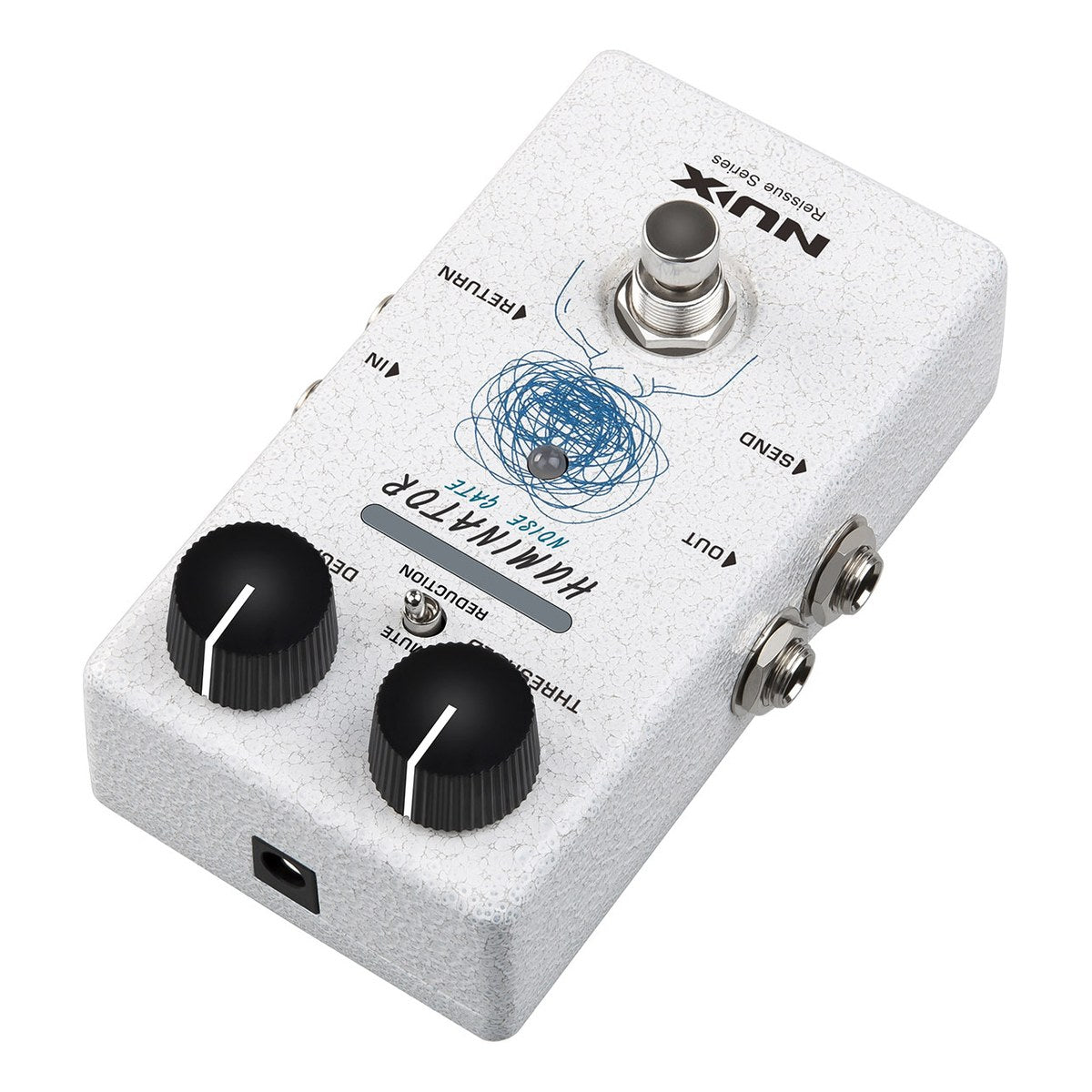 Phơ Noise Gate NUX HUMINATOR NRN-1 – Góc nghiêng phía đầu pedal NUX HUMINATOR NRN-1 có jack nguồn DC