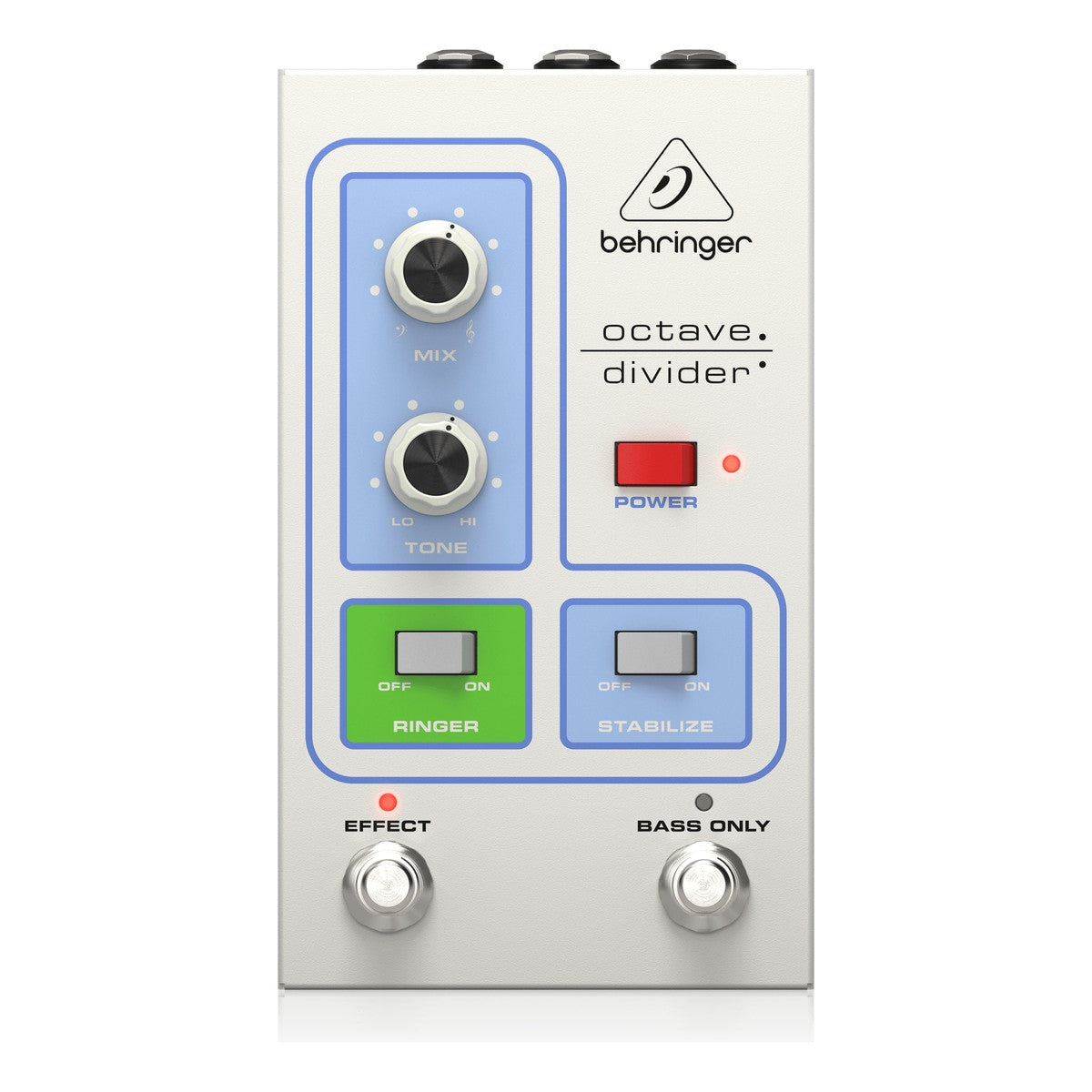 Behringer OCTAVE DIVIDER nhìn thẳng mặt trên: núm MIX, TONE, công tắc RINGER, STABILIZE, POWER và hai footswitch EFFECT, BASS ONLY