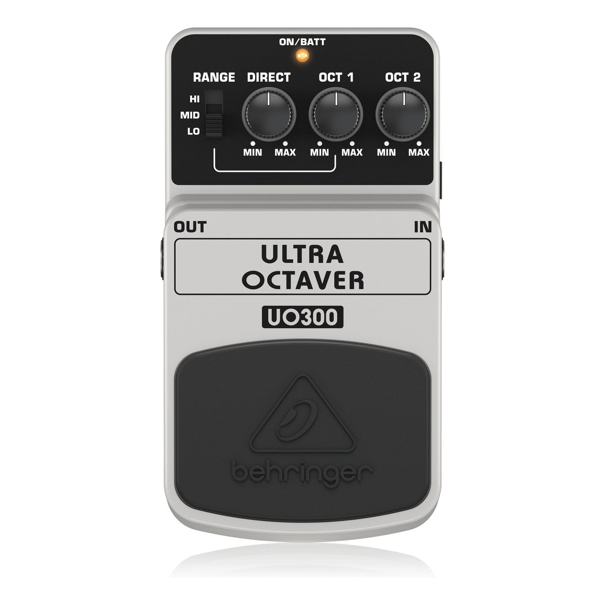 Behringer UO300 Ultra Octaver nhìn thẳng từ trên: công tắc RANGE, núm DIRECT, OCT 1, OCT 2 và đèn ON/BATT