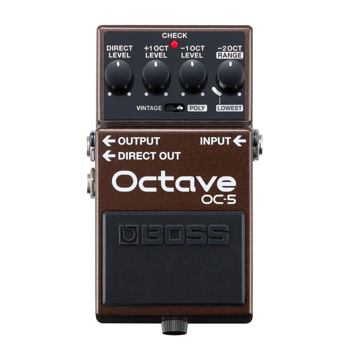 Phơ Octave BOSS OC-5 – mặt trên với 4 núm DIRECT LEVEL, +1 OCT, -1 OCT, -2 OCT/RANGE