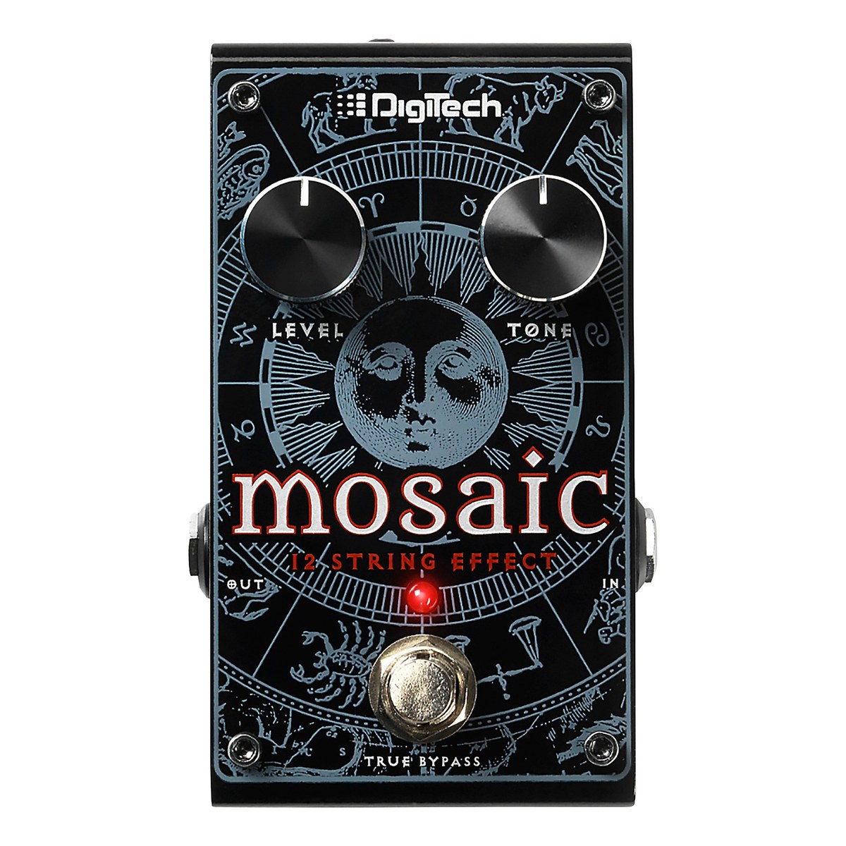 DigiTech Mosaic nhìn thẳng mặt trên: núm LEVEL, TONE, chữ 12 STRING EFFECT, đèn LED và footswitch TRUE BYPASS