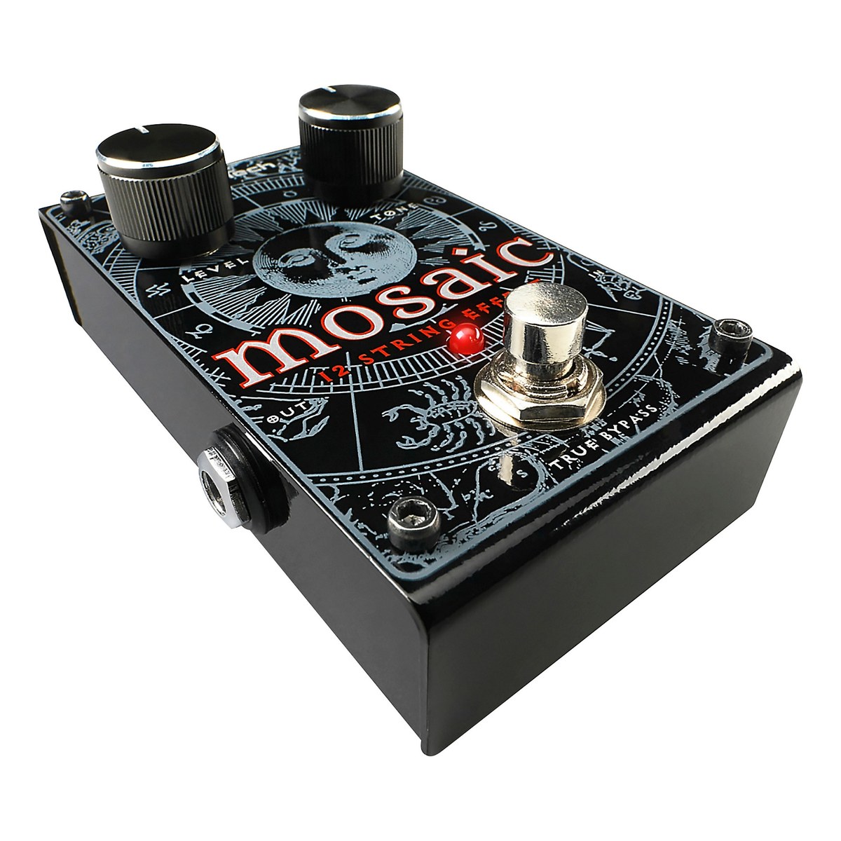 DigiTech Mosaic nhìn chéo từ phía footswitch, bên trái, thấy jack OUT
