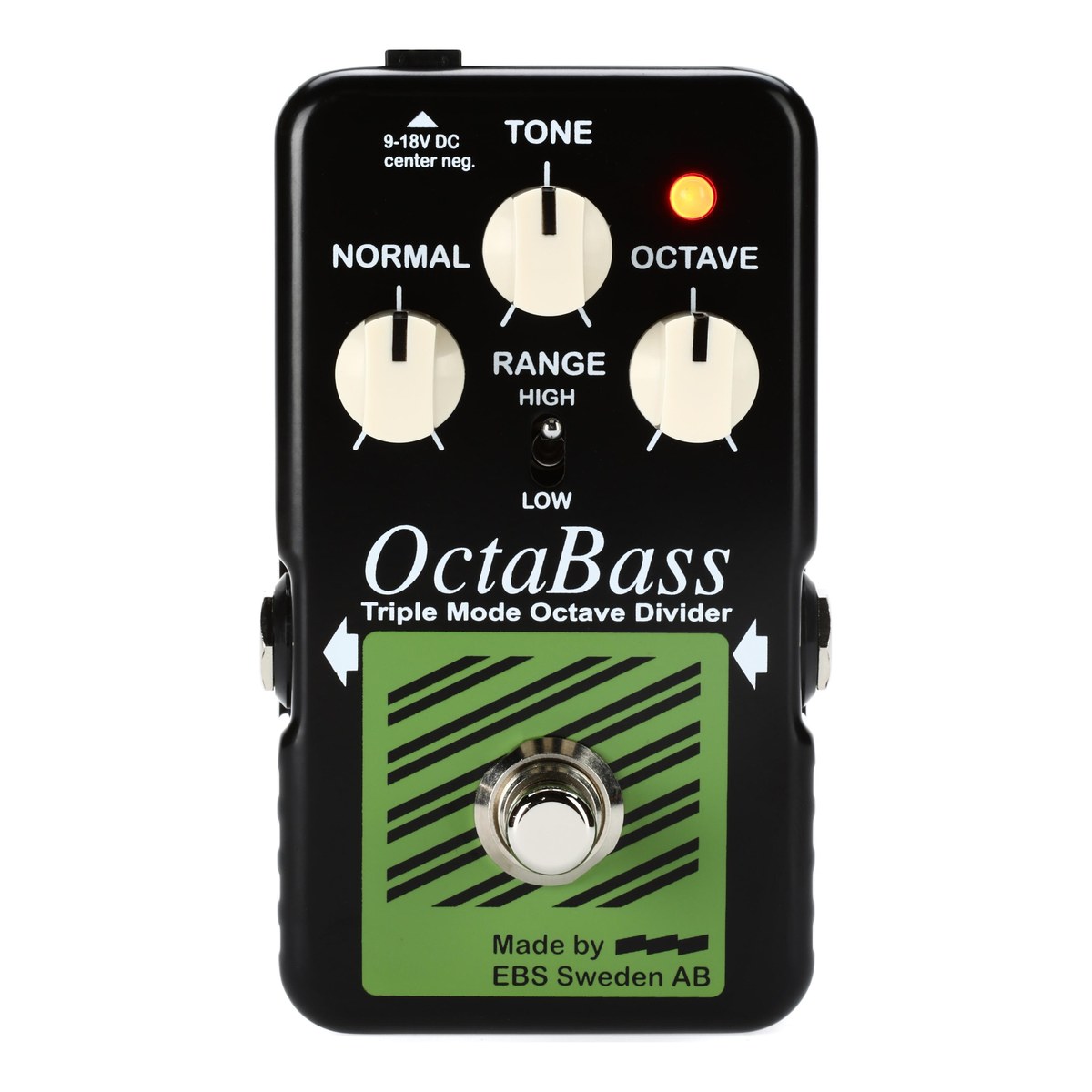 EBS OctaBass Blue Label chính diện: núm NORMAL, TONE, OCTAVE, gạt RANGE HIGH/LOW, nhãn xanh lá Triple Mode Octave Divider