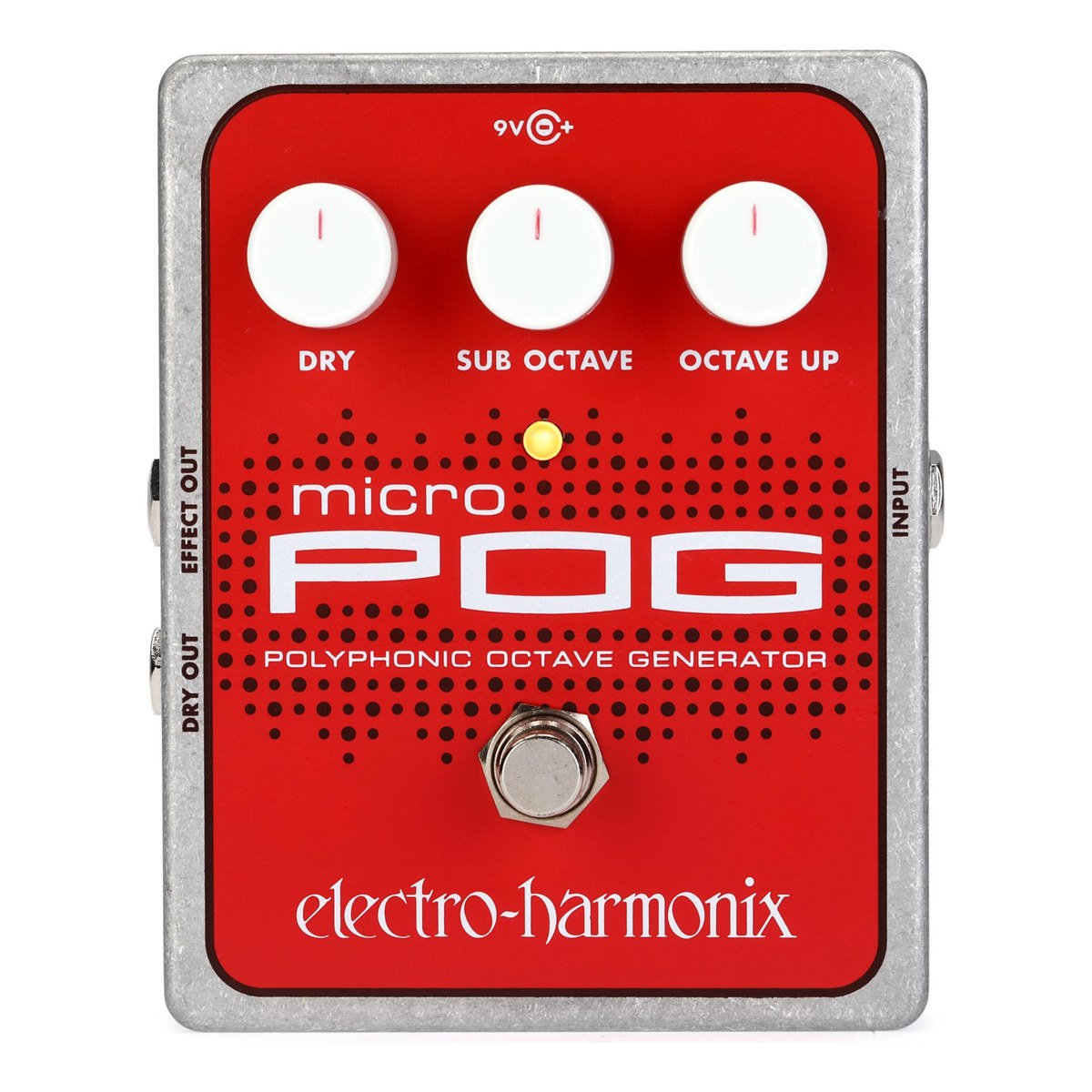 chính diện mặt trên Electro-Harmonix Micro POG với 3 núm DRY, SUB OCTAVE, OCTAVE UP và footswitch