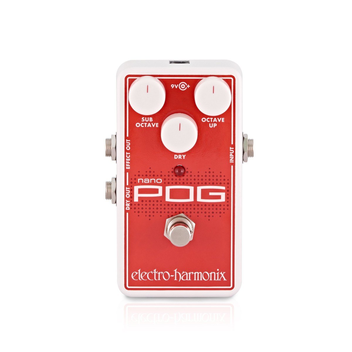 Phơ Octave Electro-Harmonix Nano POG – mặt trên với núm SUB OCTAVE, OCTAVE UP, DRY trên vỏ trắng