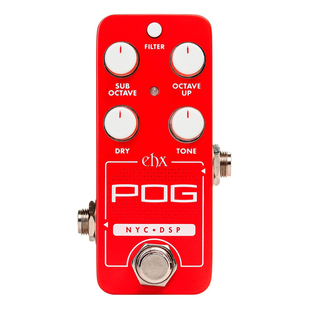 mặt trên Electro-Harmonix Pico POG với 4 núm SUB OCTAVE, OCTAVE UP, DRY, TONE và nút FILTER