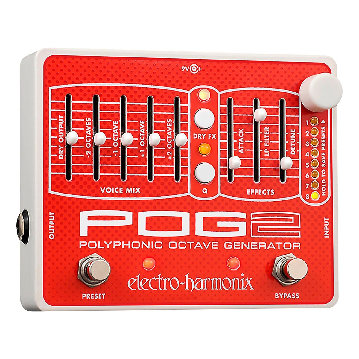 mặt trên Electro-Harmonix POG2 với 8 thanh trượt VOICE MIX, EFFECTS và núm PRESET