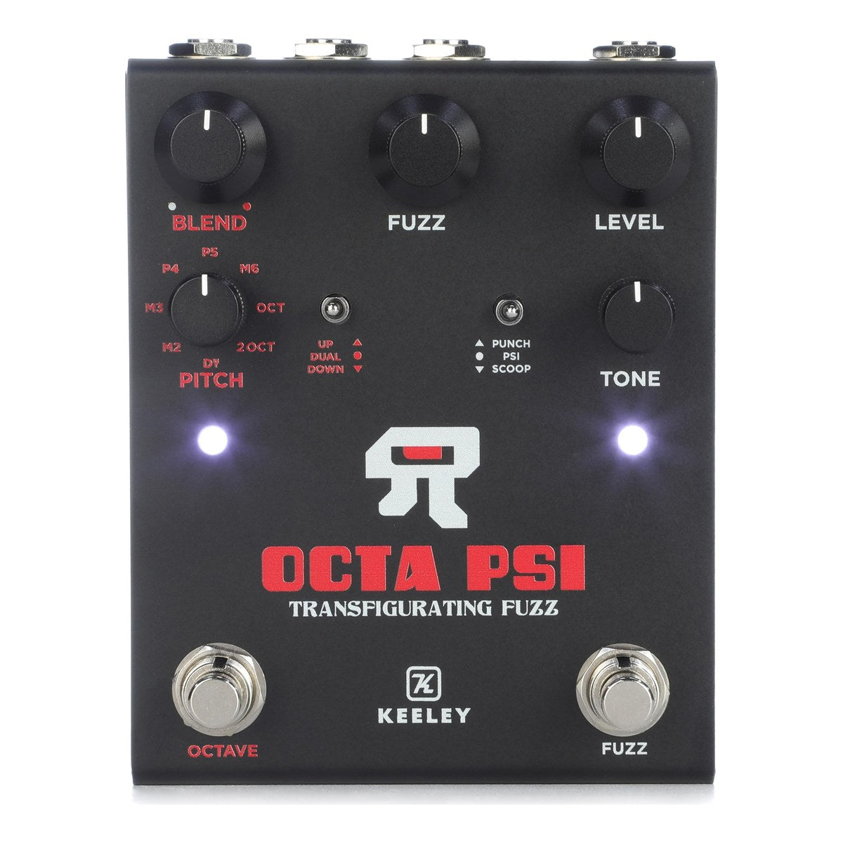 Keeley Octa Psi chụp thật chính diện, đèn OCTAVE và FUZZ đang sáng: núm BLEND, PITCH, FUZZ, LEVEL, TONE