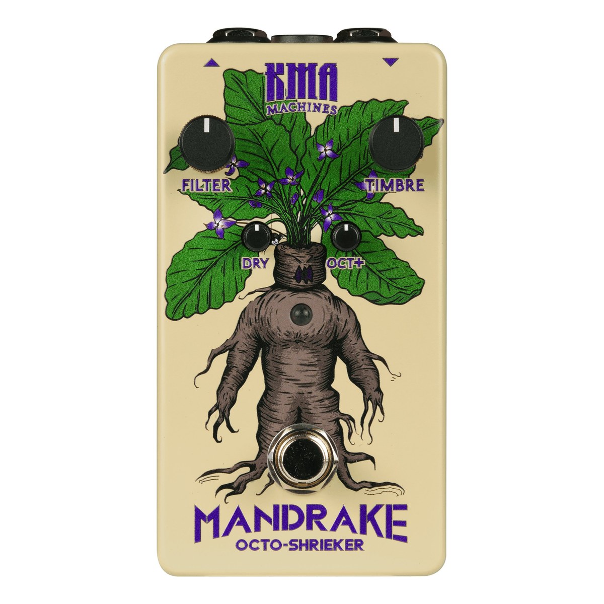 KMA Machines Mandrake Octo-Shrieker nhìn chính diện: núm FILTER, TIMBRE, DRY, OCT+ và footswitch