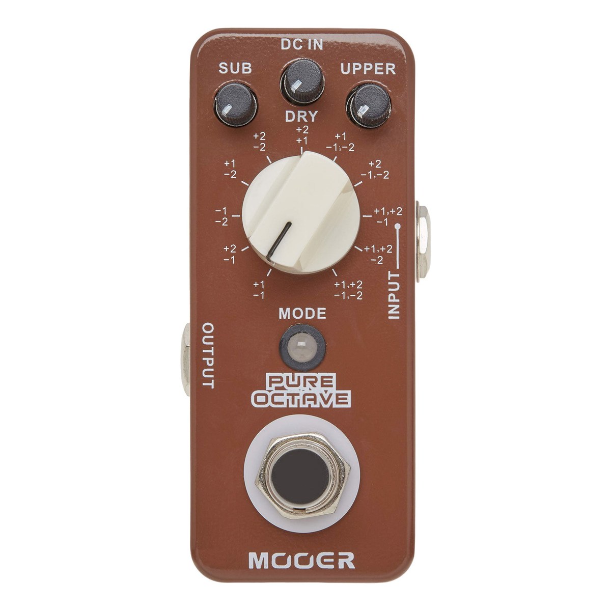 Mooer Pure Octave chính diện mặt trên: núm SUB, DRY, UPPER, núm MODE 11 chế độ và footswitch