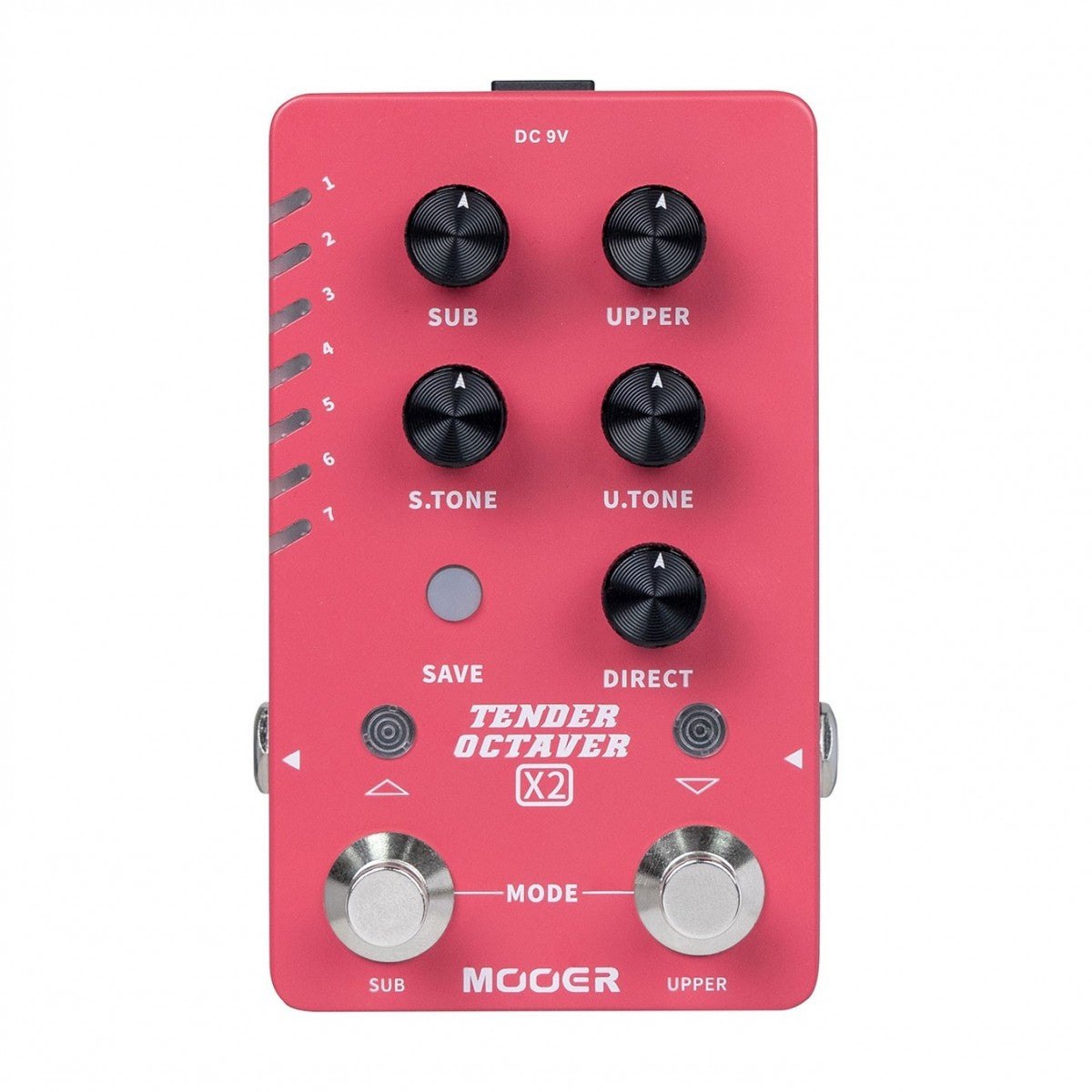 Phơ Octave Mooer Tender Octaver X2 – mặt trên với núm SUB, UPPER, S.TONE, U.TONE, DIRECT
